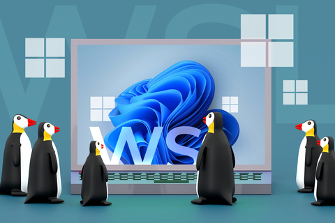 A laptop running Windows 11 with several penguins looking at the screen.