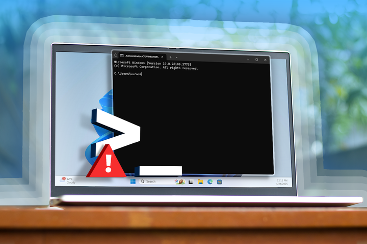 A laptop running Windows 11 with the Command Prompt open and a warning sign displayed.