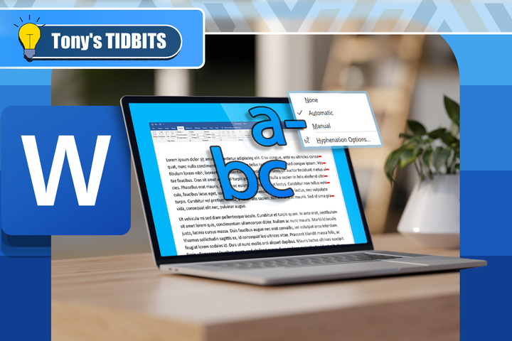 A laptop running Word with the hyphenation window open and a hyphenated text.