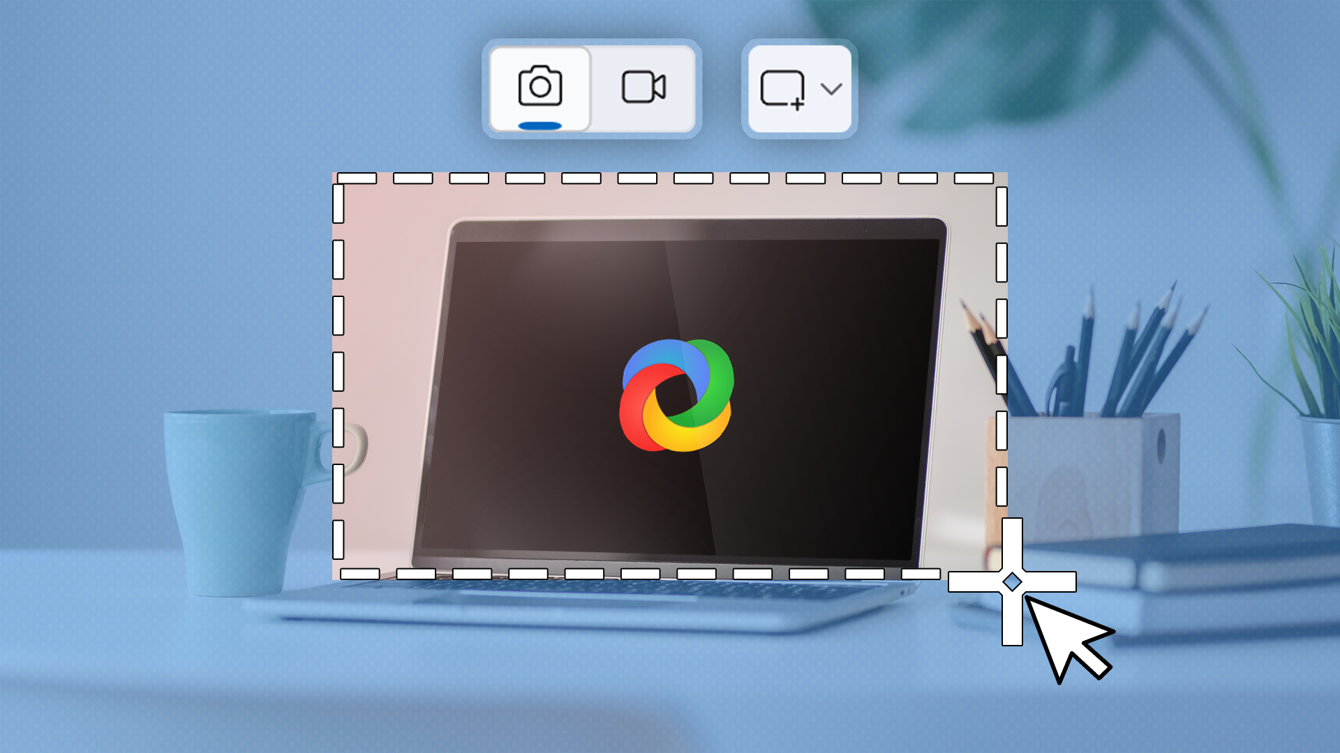 A laptop screen displaying the ShareX logo with a dashed selection box overlay and a cursor dragging the corner, simulating a screenshot capture.