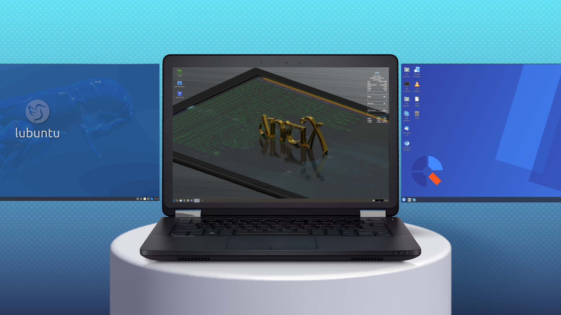 A laptop seen from the front running AntiX, with two other distros in the background.