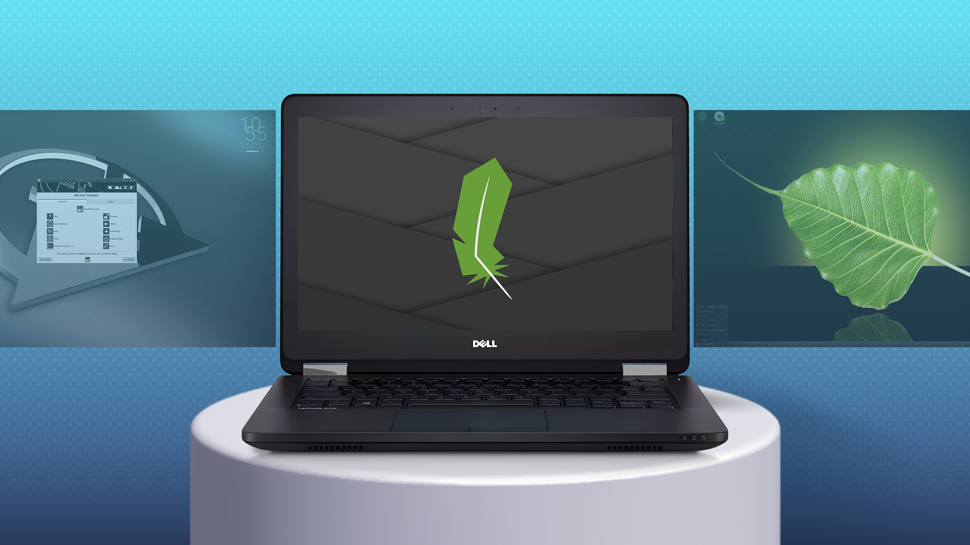 A laptop seen from the front running Linux Lite, with two other distros in the background.