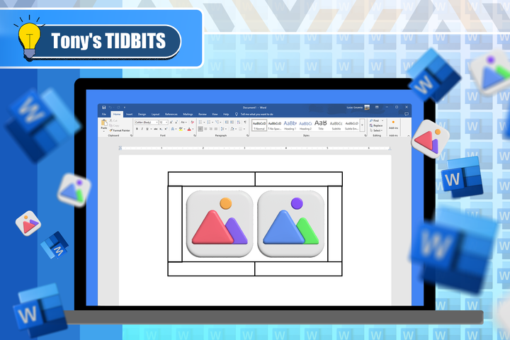 A laptop with Microsoft Word open on the screen, showing two image icons, surrounded by some Word logos.