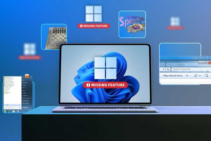 A laptop with Windows, some features from other versions of Windows around it, and a 'missing feature' warning.