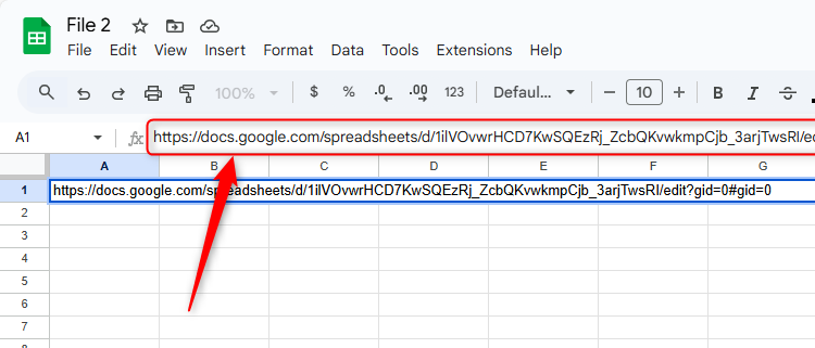 A link to another Google Sheets file is pasted into the formula bar of the active Google Sheets file.