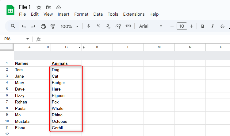 A list of animals in cells C2 to C11 of a Google Sheets file.