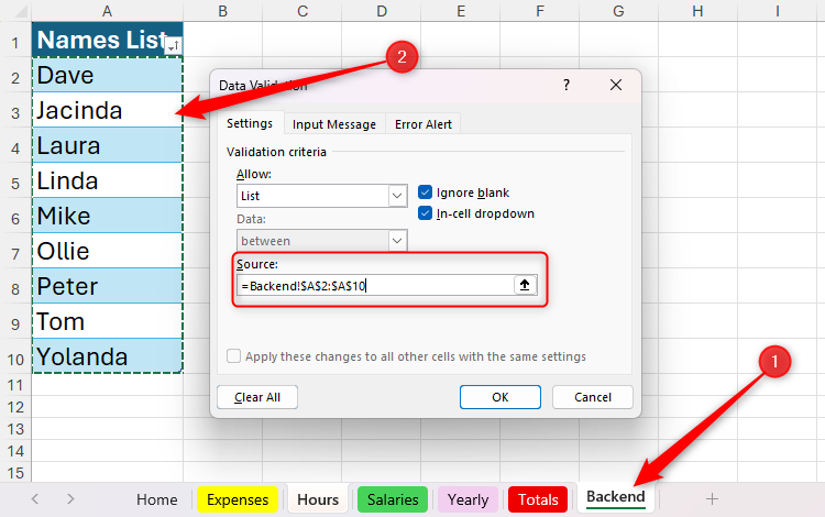 A list of names in a table is selected as the Source of a Data Validation rule in Microsoft Excel.