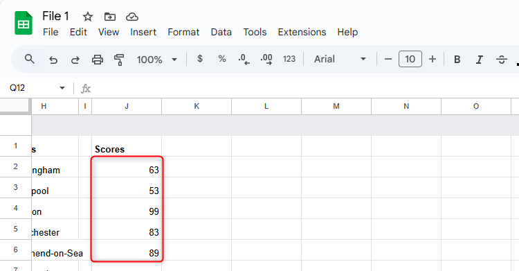 A list of scores in a Google Sheet file named File 1.
