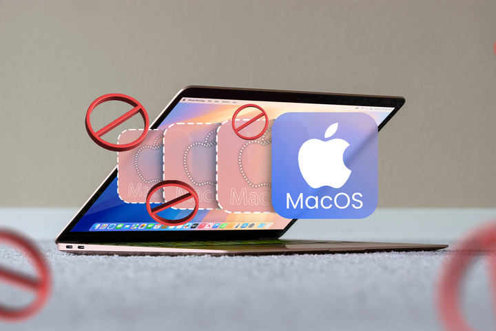 A MacBook with an animated Mac logo in the foreground and some disabled icons around it.