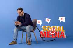A man sitting in a chair using his phone, with 'Social Media' written in the background along with power-off icons.