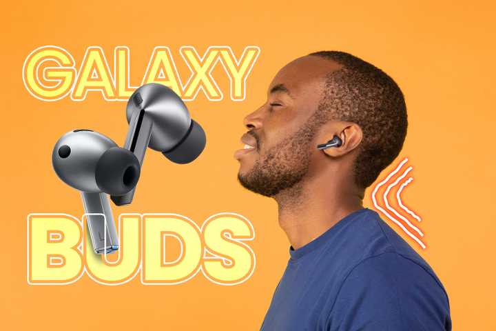 A man stretching his neck with a Galaxy Buds 3 next to him.