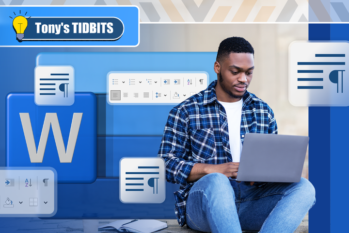 A man using a laptop, the Word logo beside him, and paragraph icons around.