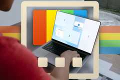 A man using a laptop with the FancyZones feature highlighted and the PowerToys logo in the background.