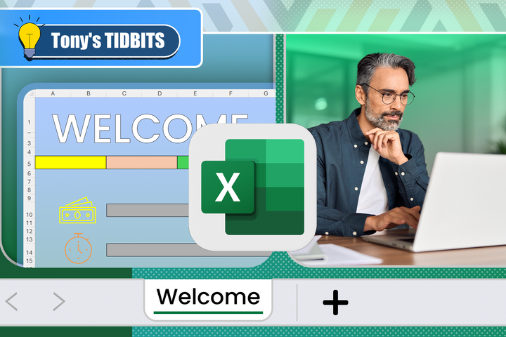 A man working on a laptop is next to a stylized Microsoft Excel interface with a 'Homepage' worksheet, and the Excel logo at the center.