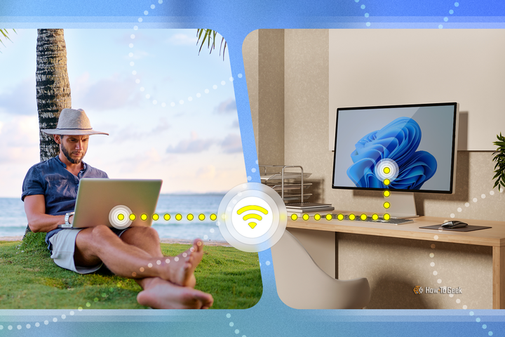 A man working on a laptop under a palm tree, remotely connected to a desktop PC in an office.