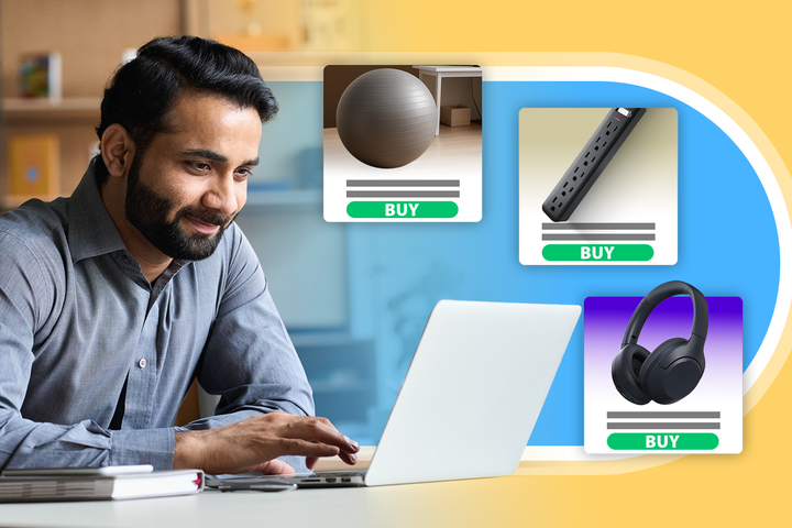 A man working remotely on his laptop with some purchase recommendations beside him.