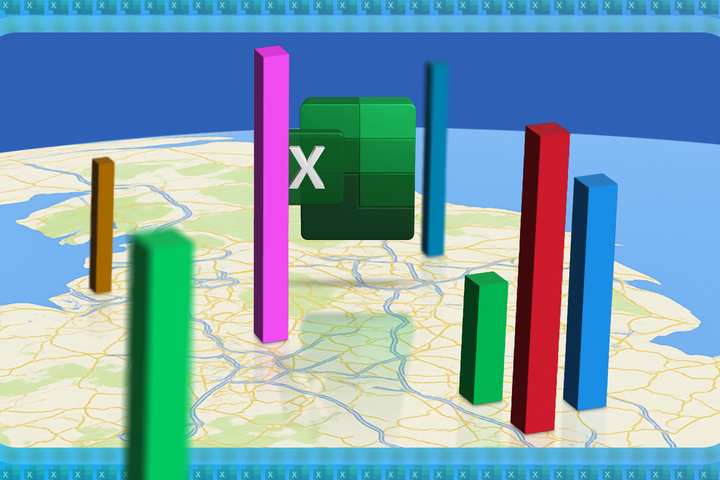 A map with vertical bars representing geographical data and the Excel logo in the center.