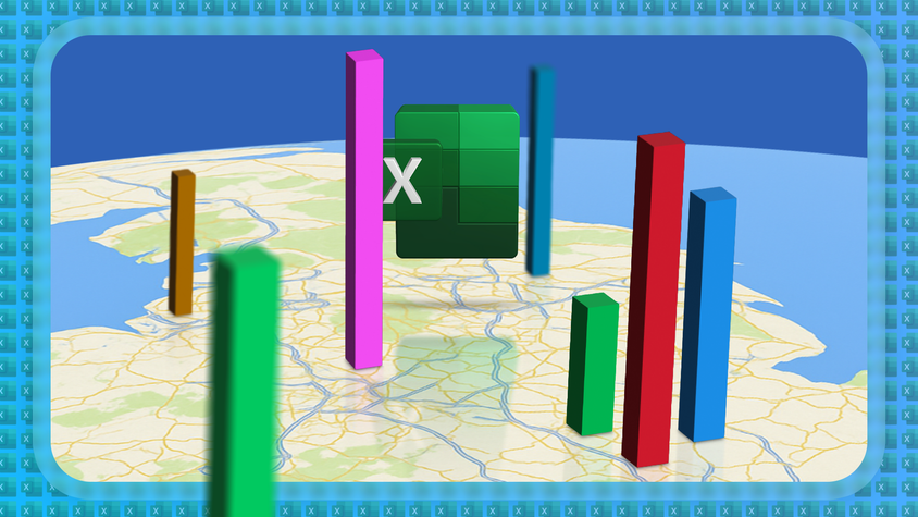 A map with vertical bars representing geographical data and the Excel logo in the center.