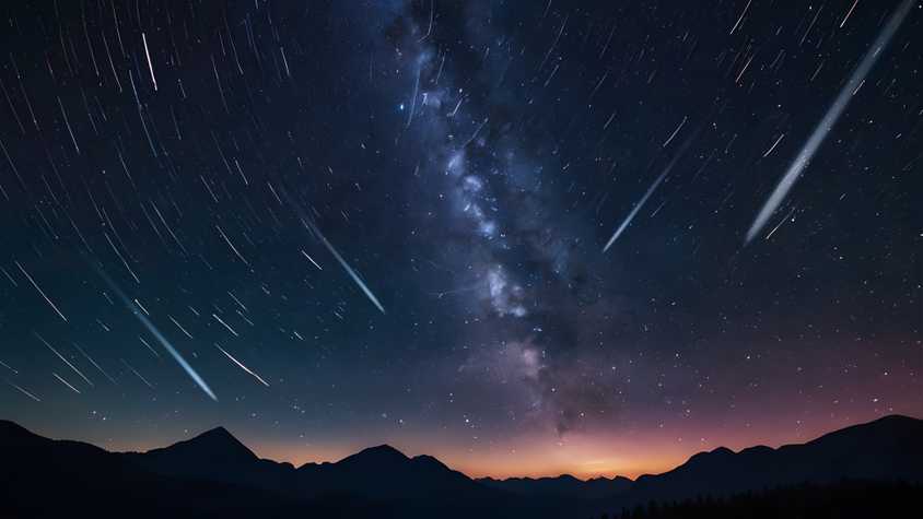A meteor shower with some mountains in the background.