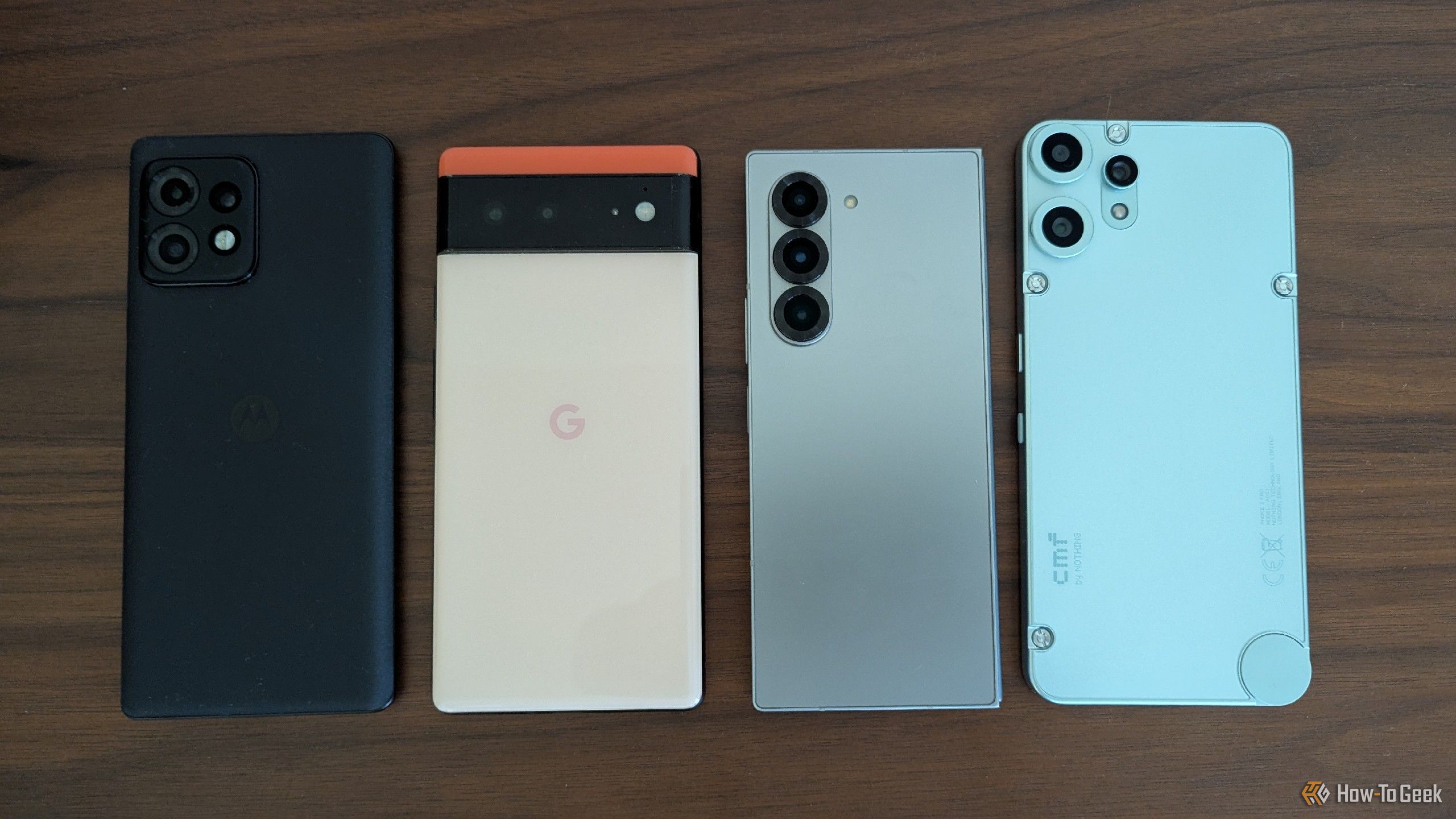 A Moto Edge+ 2023, Google Pixel 6, Samsung Galaxy Z Fold 6, and CMF Phone 2 Pro.