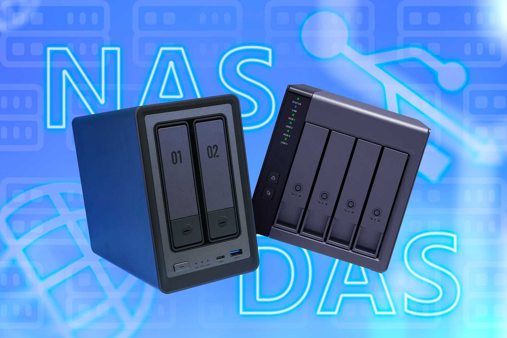 A NAS device and a DAS enclosure device side by side.