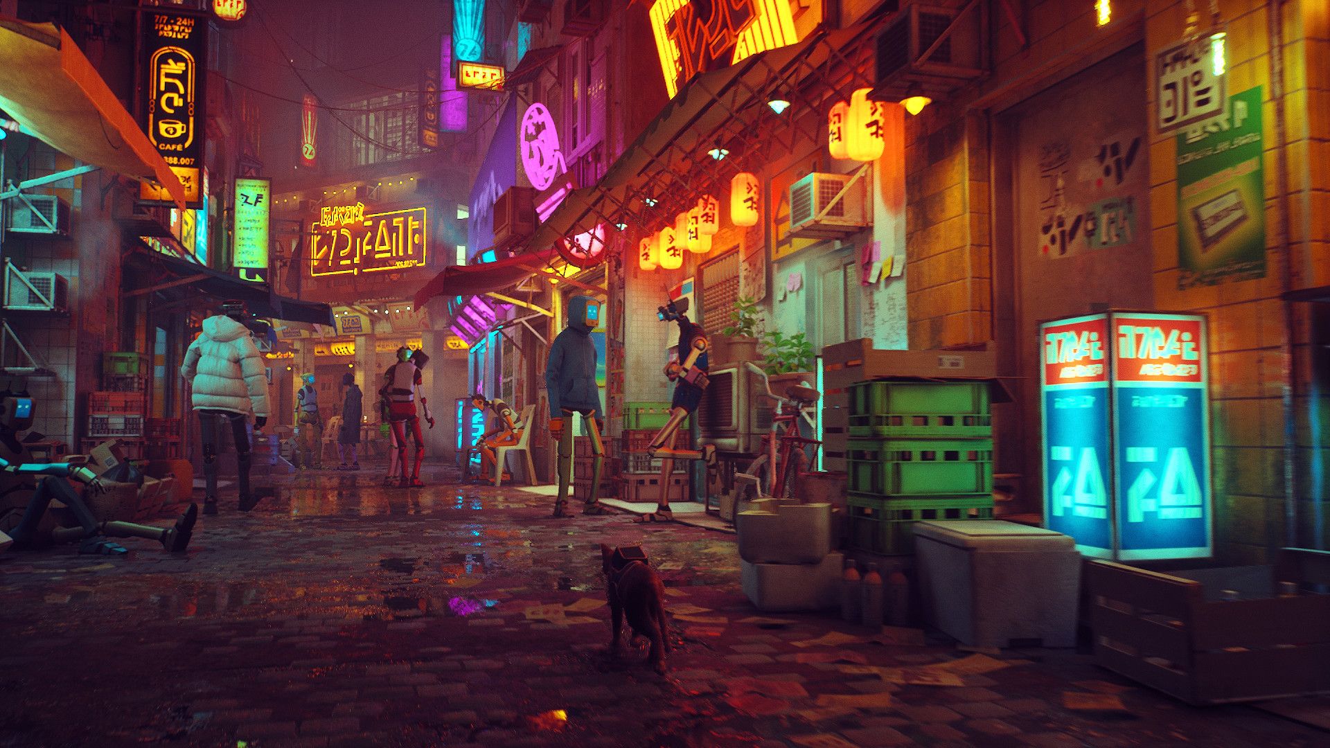 A neon-lit street in the game Stray.