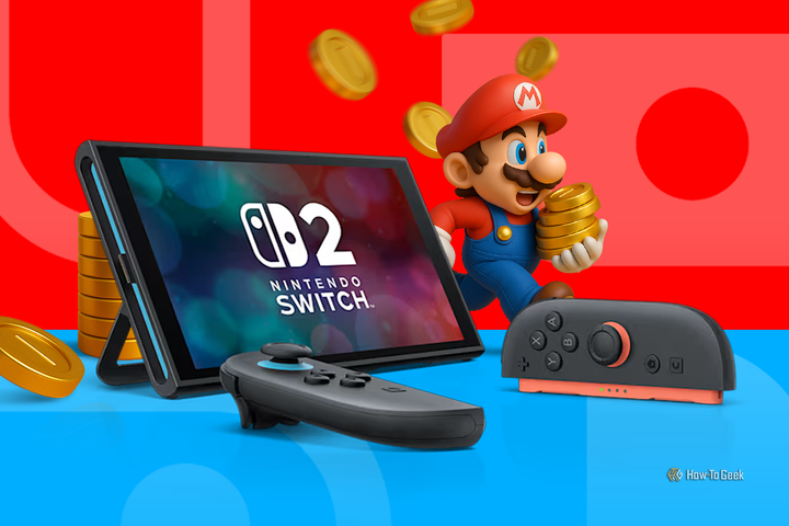A Nintendo Switch 2 and Super Mario in the background running while holding several coins.