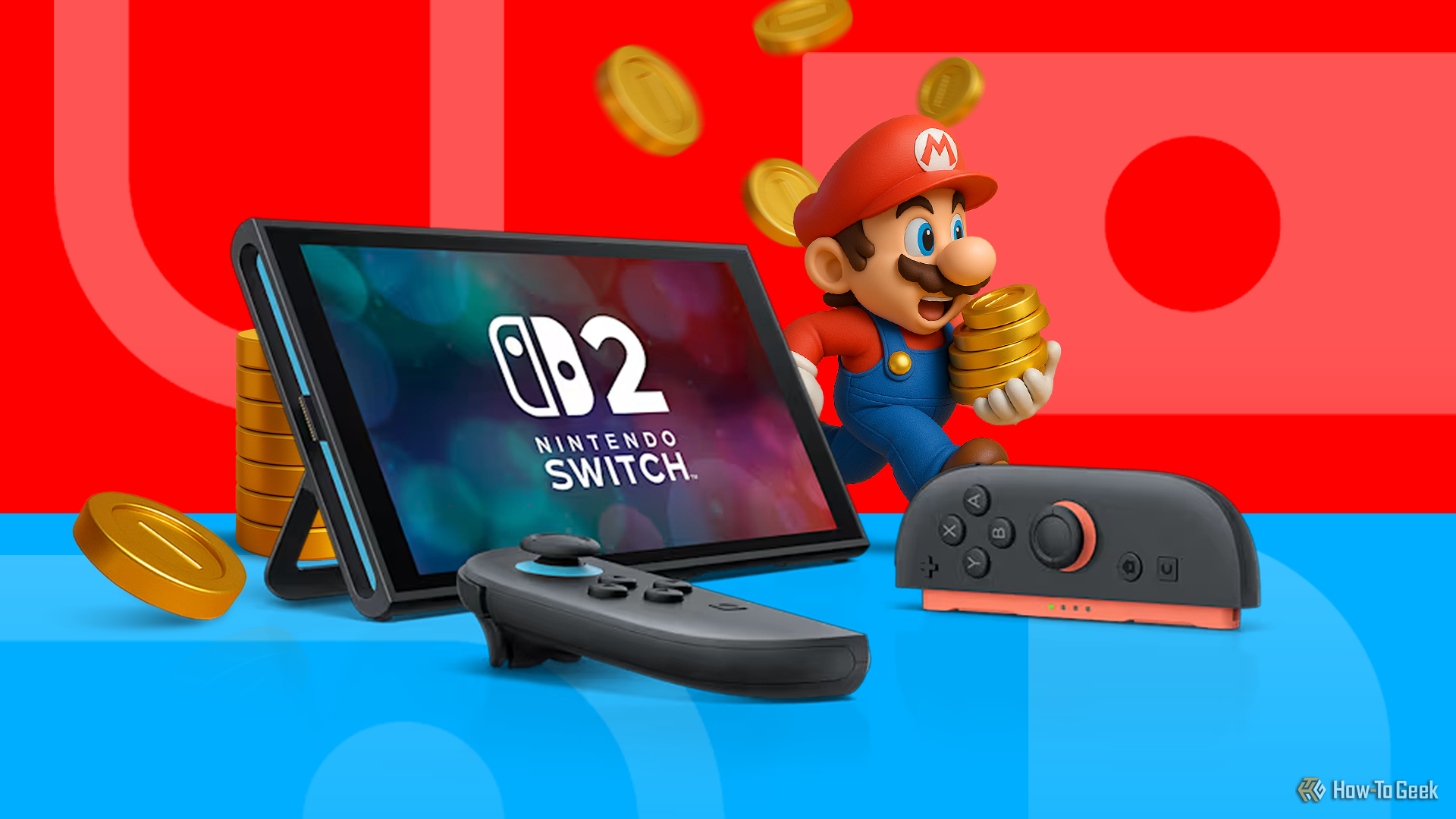 A Nintendo Switch 2 and Super Mario in the background running while holding several coins.