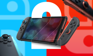 A Nintendo Switch 2 in the center, with two Joy-Cons on either side, set against a blue and red background
