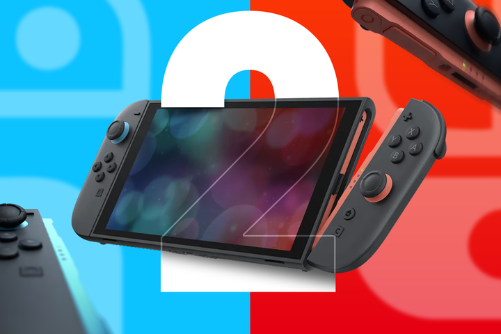 A Nintendo Switch 2 in the center, with two Joy-Cons on either side, set against a blue and red background