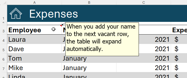 A note in a cell in Microsoft Excel that informs the user that the table will expand when they add their name to the next vacant row.