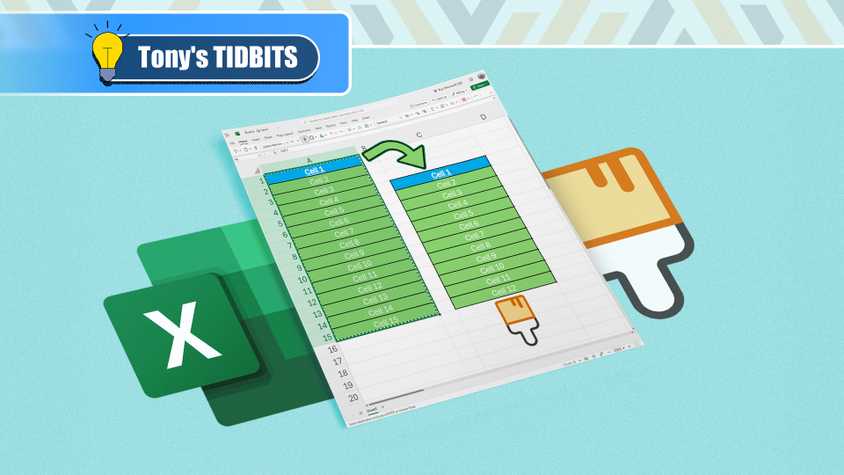 A paper with an Excel spreadsheet, the Excel logo on the left, and the Format Painter icon on the right.