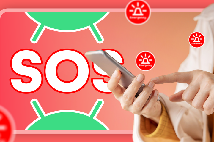 A person holding a smartphone, with a large red 'SOS' text prominently displayed in the background and multiple red emergency alert icons with sirens surrounding the scene.