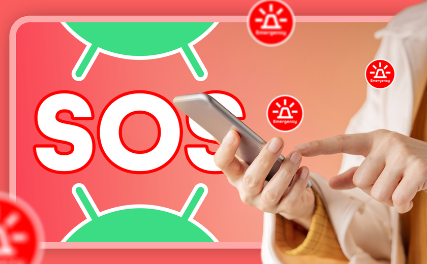 A person holding a smartphone, with a large red 'SOS' text prominently displayed in the background and multiple red emergency alert icons with sirens surrounding the scene.