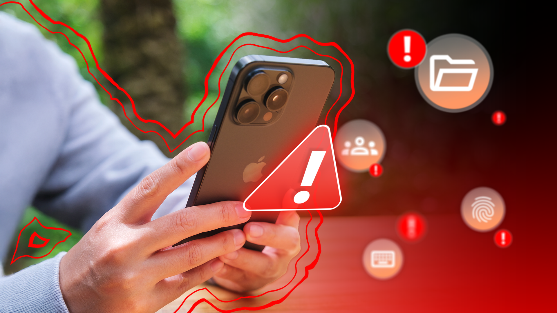 A person holding an iPhone with a warning sign and several icons around it.