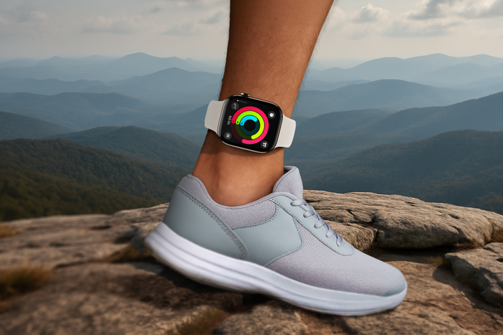 A person wearing an Apple Watch on their ankle, standing on a rocky mountain.-1