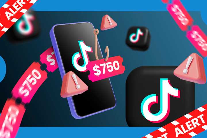 A phone with a hook holding a $750 ticket, the TikTok logo, and warning signs around it.