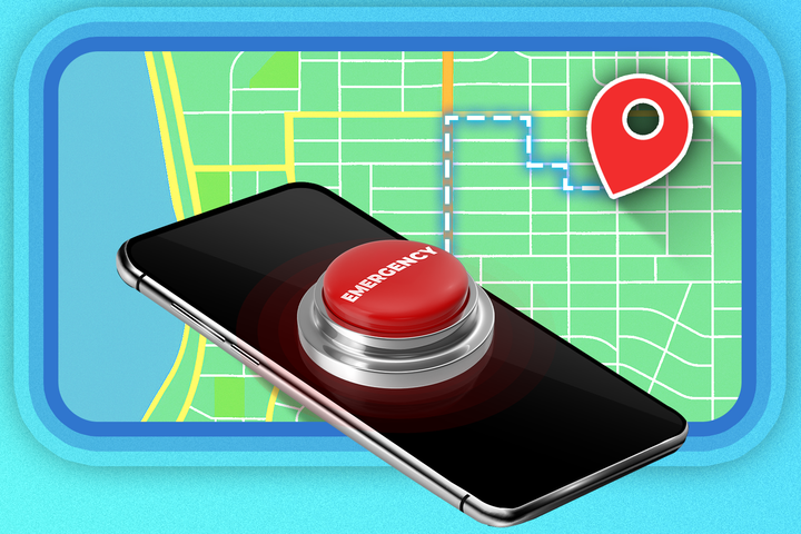 A phone with a red emergency button and a map in the background with a marked location.