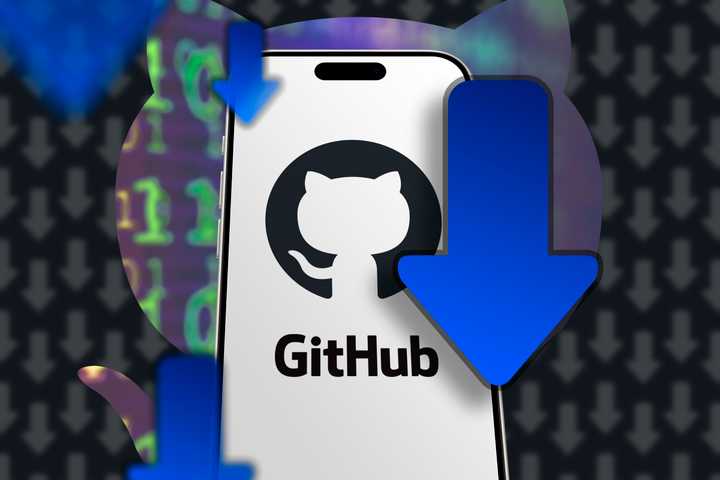 A phone with Github logo and some download icons around.