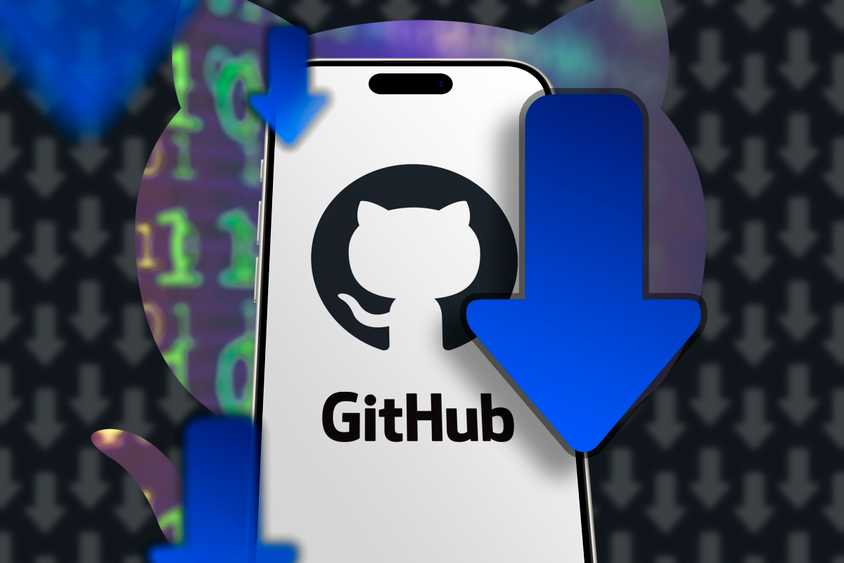 A phone with Github logo and some download icons around.