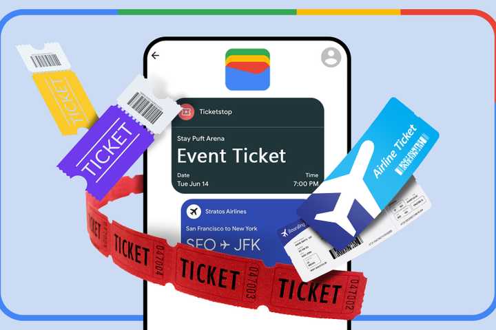 A phone with Google Wallet open and various tickets around it.