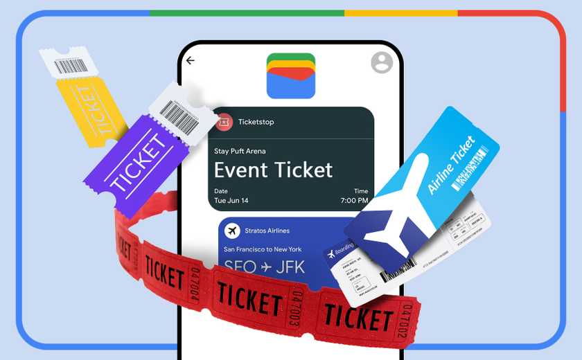 A phone with Google Wallet open and various tickets around it.