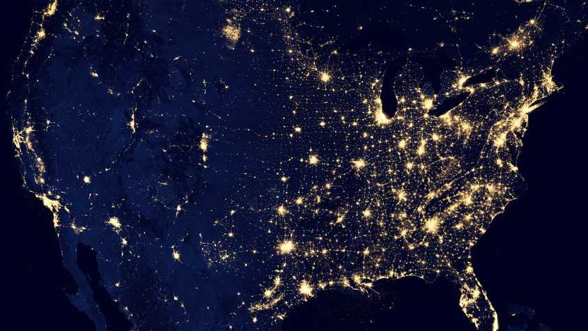 A photograph taken from space of the city lights of the United States.