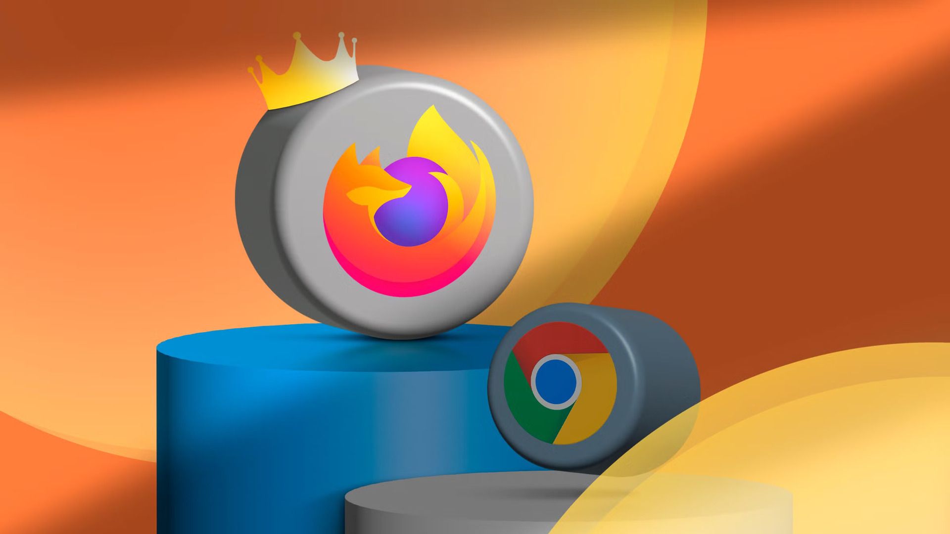 A podium with the Firefox and Chrome icons, and Firefox wearing a crown