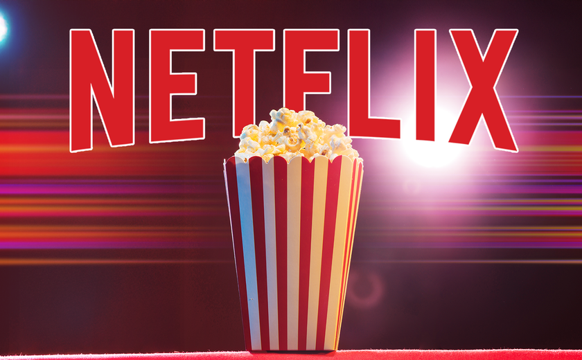 A popcorn bucket and the Netflix logo in the background.