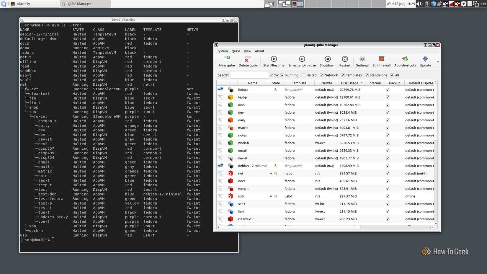 A Qubes desktop displays a terminal window and a program; both display a list of virtual machines.