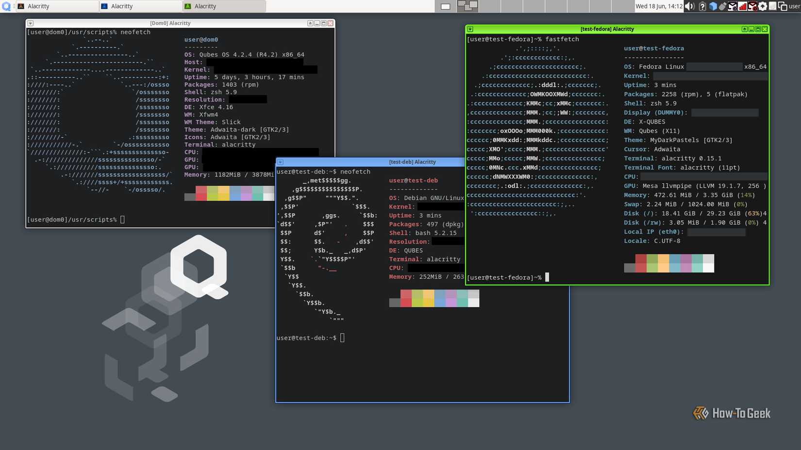 A Qubes desktop shows three terminal windows, each running in a different operating system: Qubes, Debian, and Fedora. In these terminal windows, it displays Neofetch information, which includes the distribution icon.