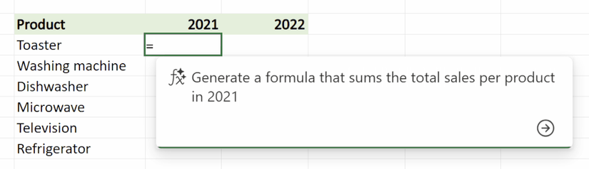 A query in Microsoft Excel for the web that instruct Copilot to create a formula.