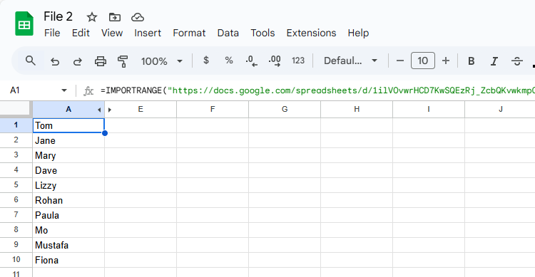 A range is imported into a Google Sheets file using the IMPORTRANGE function.