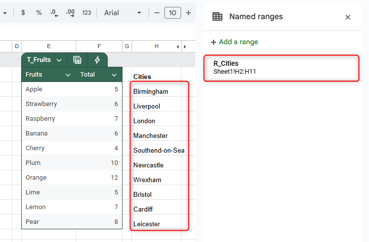 A range of cells in Google Sheets containing cities is names R_Cities.